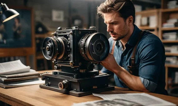 Фотография профессионального фотографа, работающего с крупноформатной камерой в студии, иллюстрирующая важность выбора типографии.