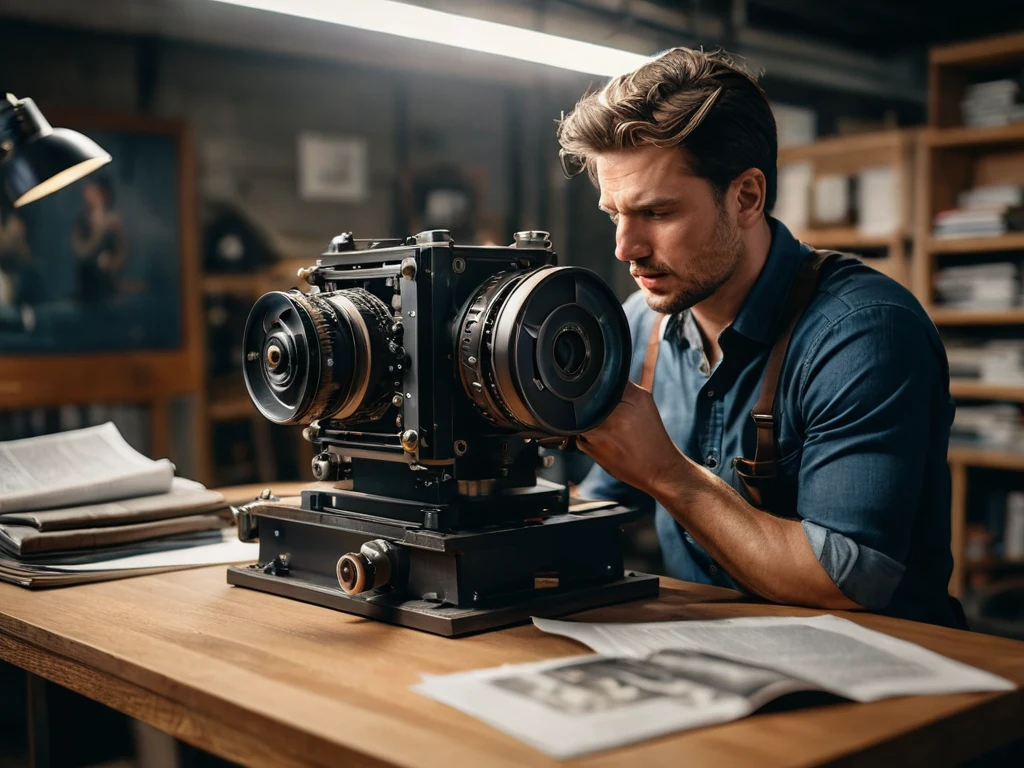 Фотография профессионального фотографа, работающего с крупноформатной камерой в студии, иллюстрирующая важность выбора типографии.