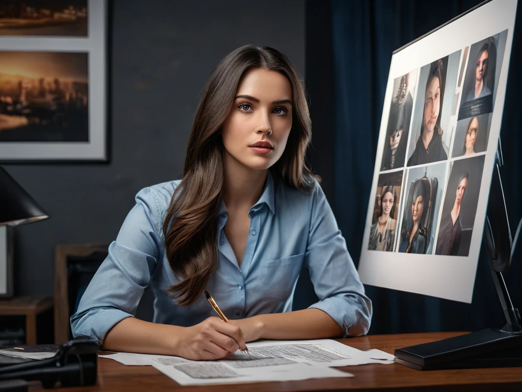 Фотография женщины, работающей за компьютером и изучающей изображения на экране, демонстрирующая важность проверки качества перед печатью.