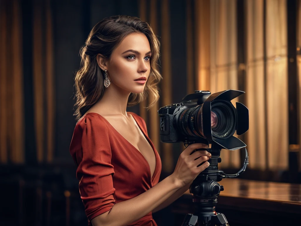 Стильная девушка-фотограф с камерой на штативе на фоне роскошного интерьера. Иллюстрация к статье о законах об авторском праве.