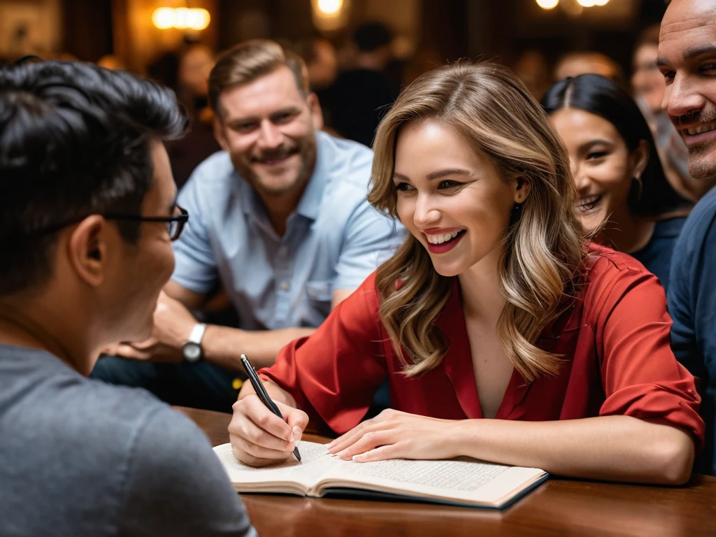 Девушка получает автограф от автора, окруженная поклонниками, на книжной ярмарке.