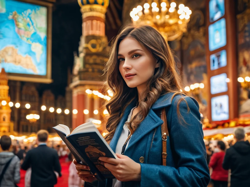 Девушка с книгой на фоне оживленной книжной ярмарки, окруженная людьми и яркими вывесками.