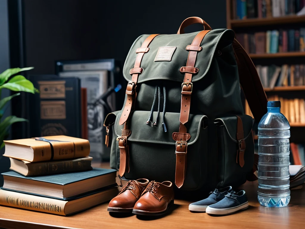 Рюкзак, книги, обувь и бутылка воды на столе, символизирующие подготовку к посещению книжной ярмарки.