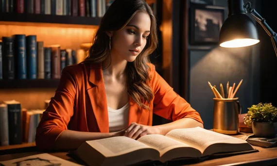 Девушка читает книгу при свете настольной лампы в окружении книжных полок, создавая атмосферу уюта и знаний.