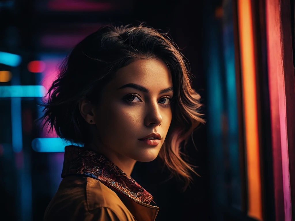 Портрет девушки на фоне неоновых огней, демонстрирующий эксперименты с цветом и создание атмосферы ночного города.
