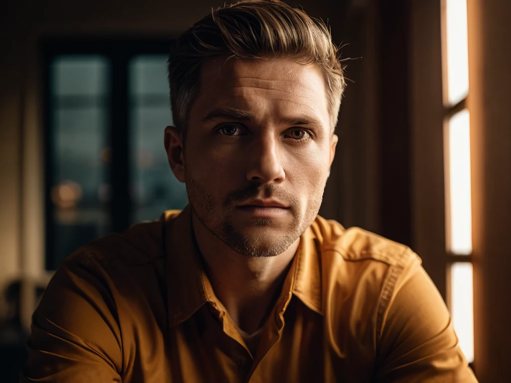 Портрет уверенного мужчины, освещенного естественным светом, демонстрирующий мастерство работы с тоном и выразительностью.
