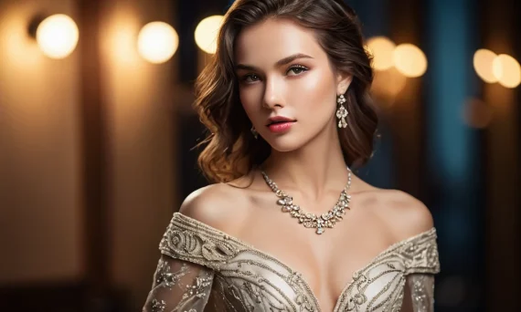 Элегантный портрет молодой женщины в вечернем платье, демонстрирующий мастерство работы со светом и композицией в фотографии.