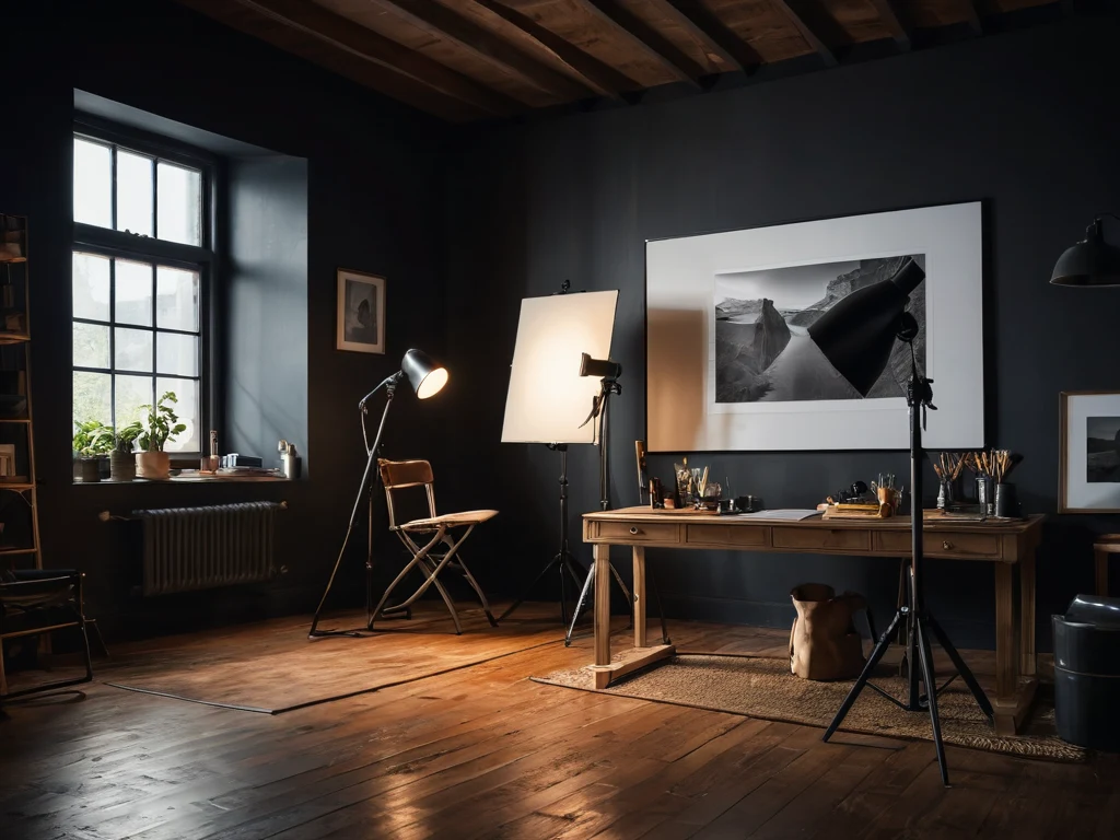 Интерьер фотостудии с оборудованием и черно-белой фотографией, демонстрирующий атмосферу творчества и поиска.