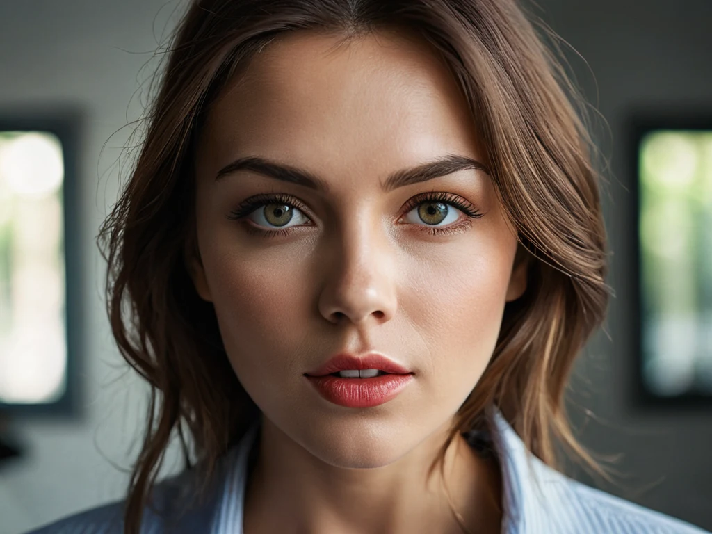 Крупный план портрета девушки, демонстрирующий четкость, естественный макияж и выразительный взгляд.