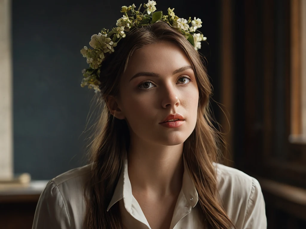 Красивый портрет девушки с венком из цветов, демонстрирующий мягкое освещение и естественную красоту.