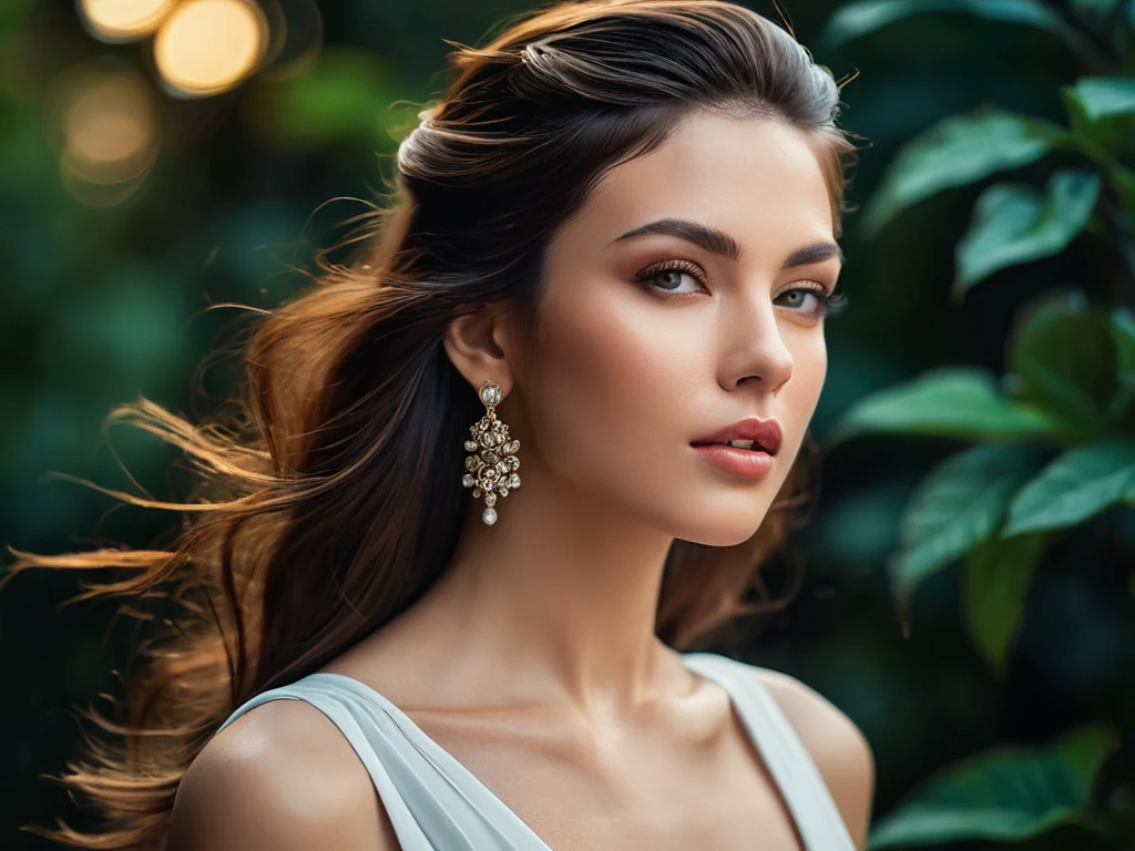 Портрет девушки на фоне зелени, с развевающимися волосами, демонстрирующий динамику и естественную красоту.