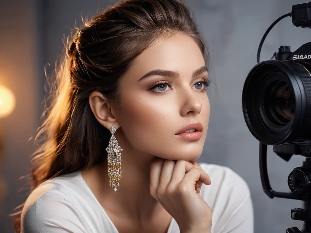 Фотография модели во время фотосессии с профессиональным осветительным оборудованием, демонстрирующая техническую сторону фотографии.