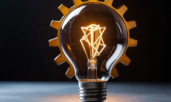 Фотография лампочки накаливания в форме шестеренки на темном фоне, символизирующая инновации и креативность в фотографии.