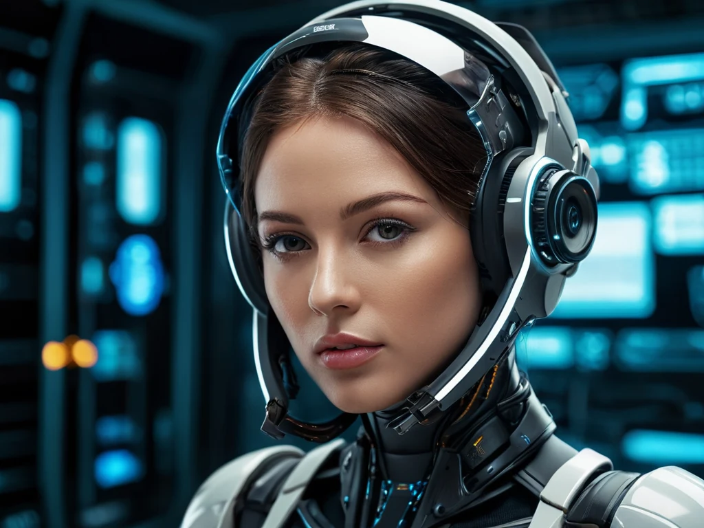 Стильный портрет женщины с кибернетическим интерфейсом, демонстрирующий влияние AI и вычислительной фотографии на визуальное искусство в 2026 году.