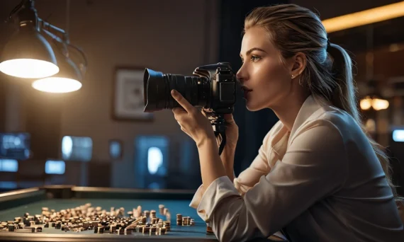 Фотография женщины-фотографа, снимающей миниатюрный город, иллюстрирует тренды в фотографии и важность адаптации к новым технологиям в 2026 году.