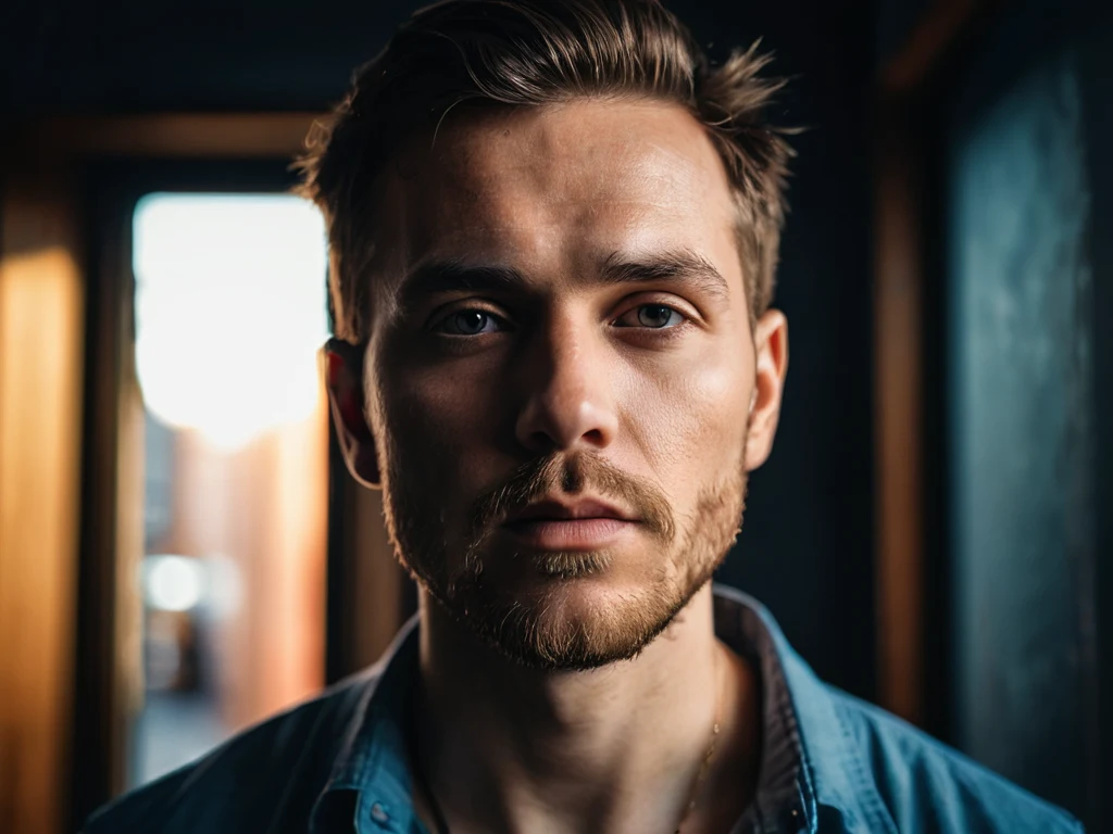 Крупный план портрета мужчины с задумчивым выражением лица, демонстрирующий силу и уязвимость человеческой души.