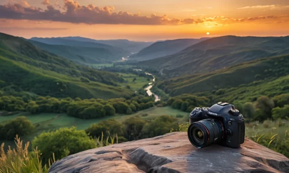 Пейзажная фотография горного ландшафта на закате с камерой на переднем плане, символизирующая связь с природой и спокойствие.
