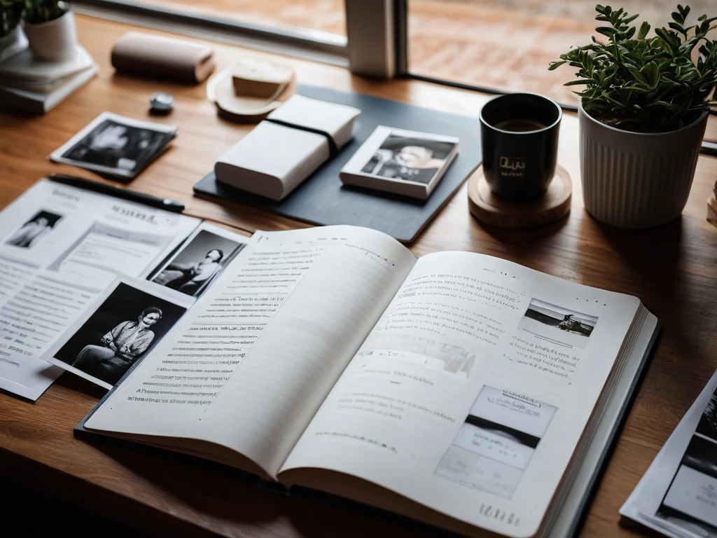 Фото-дневник с распечатанными фотографиями и заметками, символизирующий процесс самоанализа и сохранения воспоминаний.