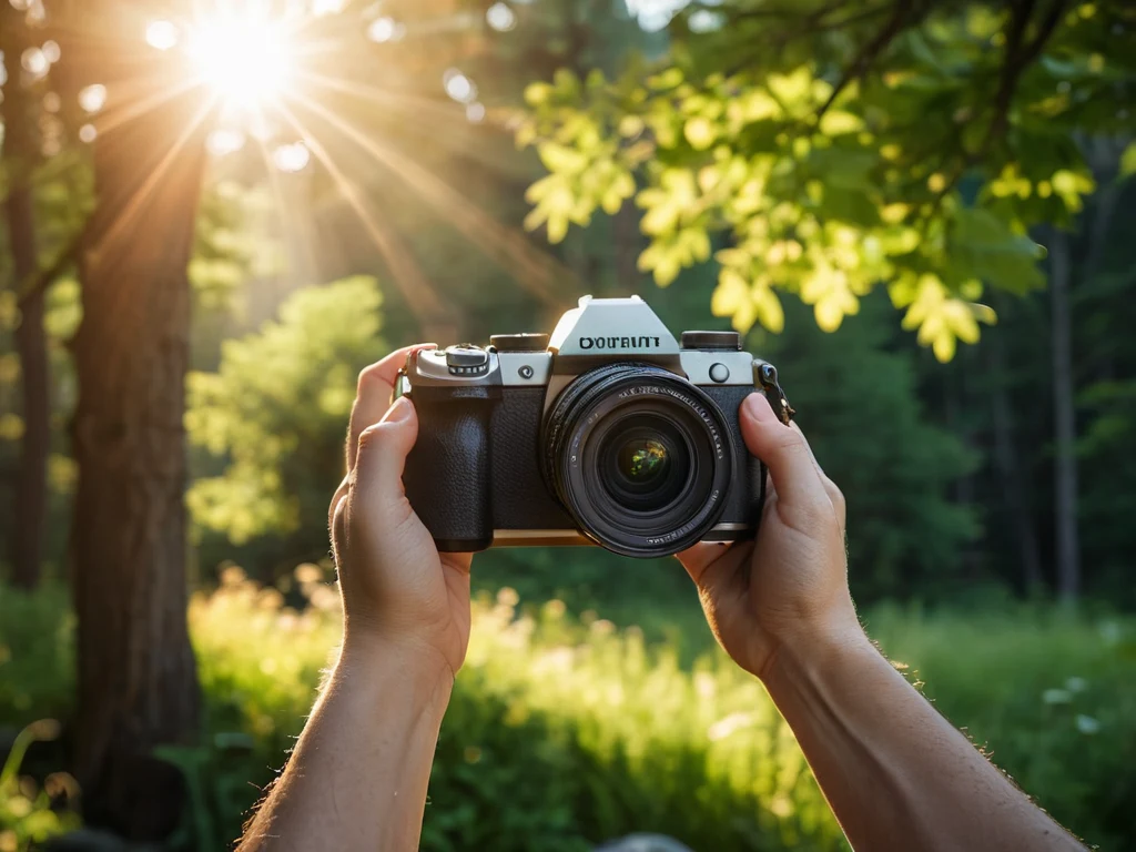 Руки держат камеру на фоне зеленого леса, символизируя творчество, связь с природой и процесс фототерапии.