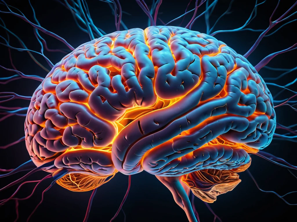 Иллюстрация человеческого мозга с подсвеченными областями, символизирующая нейронные связи и процессы, связанные с психическим здоровьем.