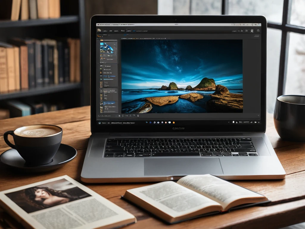 Рабочее место фотографа с ноутбуком, на экране которого открыт редактор фотографий, символизирующее процесс самовыражения и терапии.