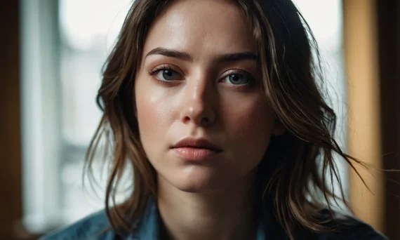 Крупный план портрета женщины, выражающей задумчивость и уязвимость, подходящий для иллюстрации темы эмоционального здоровья.