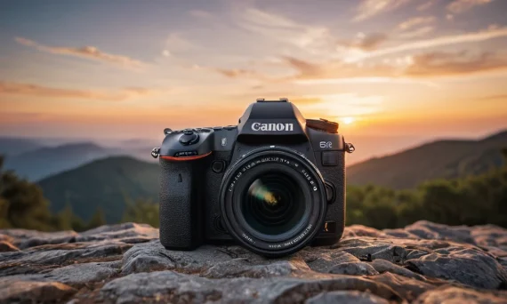 Фотография камеры Canon на фоне горного пейзажа во время заката, символизирующая свободу и творчество.