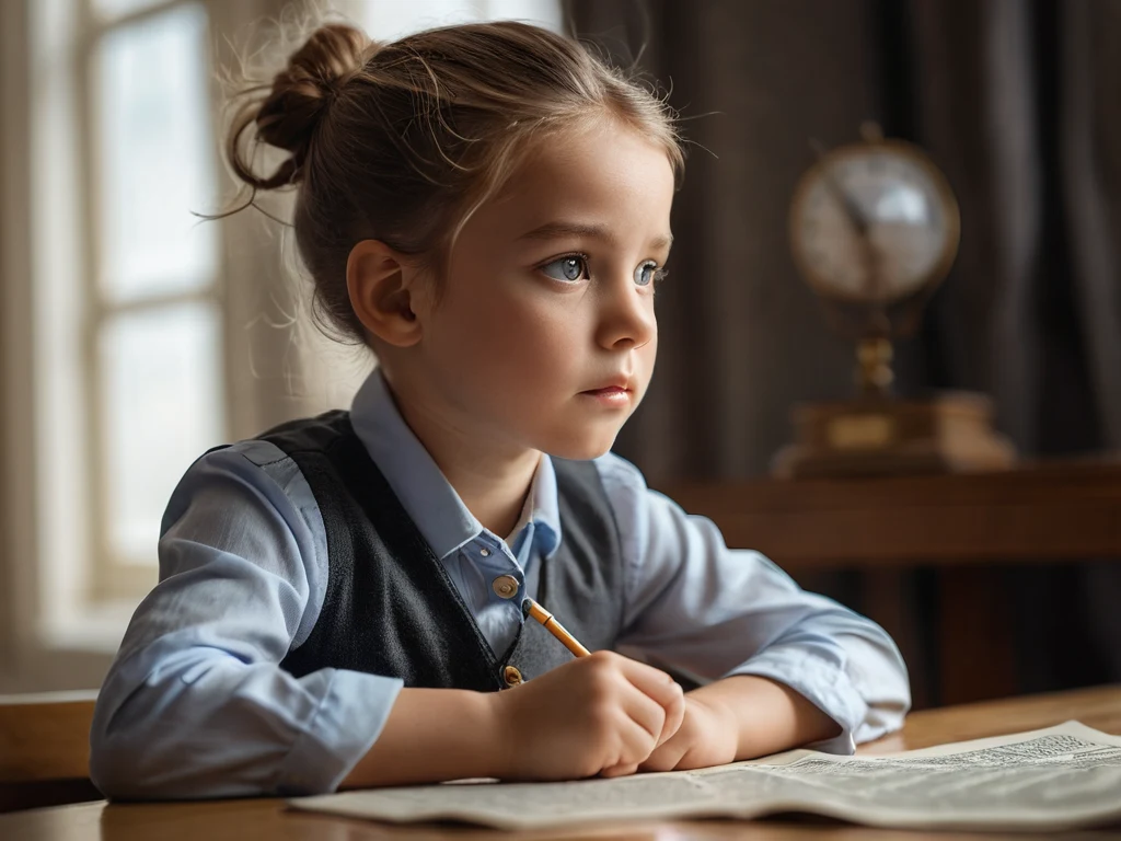 فتاة صغيرة تجلس على طاولة وتنظر بتفكير إلى النافذة. تنقل الصورة جوًا من التركيز والتفكير.