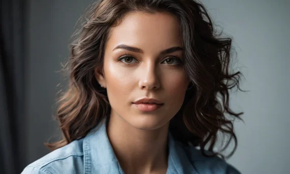 Красивая женщина с естественным макияжем смотрит в камеру. Портретная фотография с мягким освещением и размытым фоном.