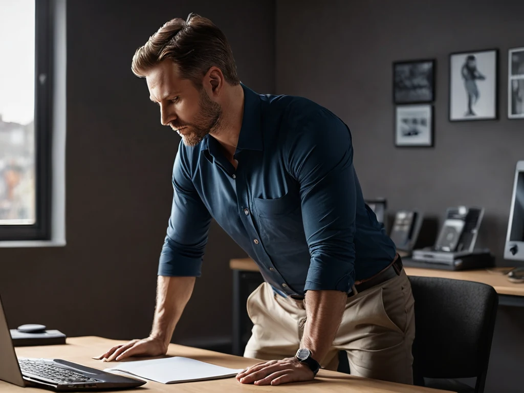 رجل منحني الظهر فوق طاولة يعمل على جهاز كمبيوتر محمول. تظهر الصورة وضعية خاطئة ومشاكل صحية محتملة.