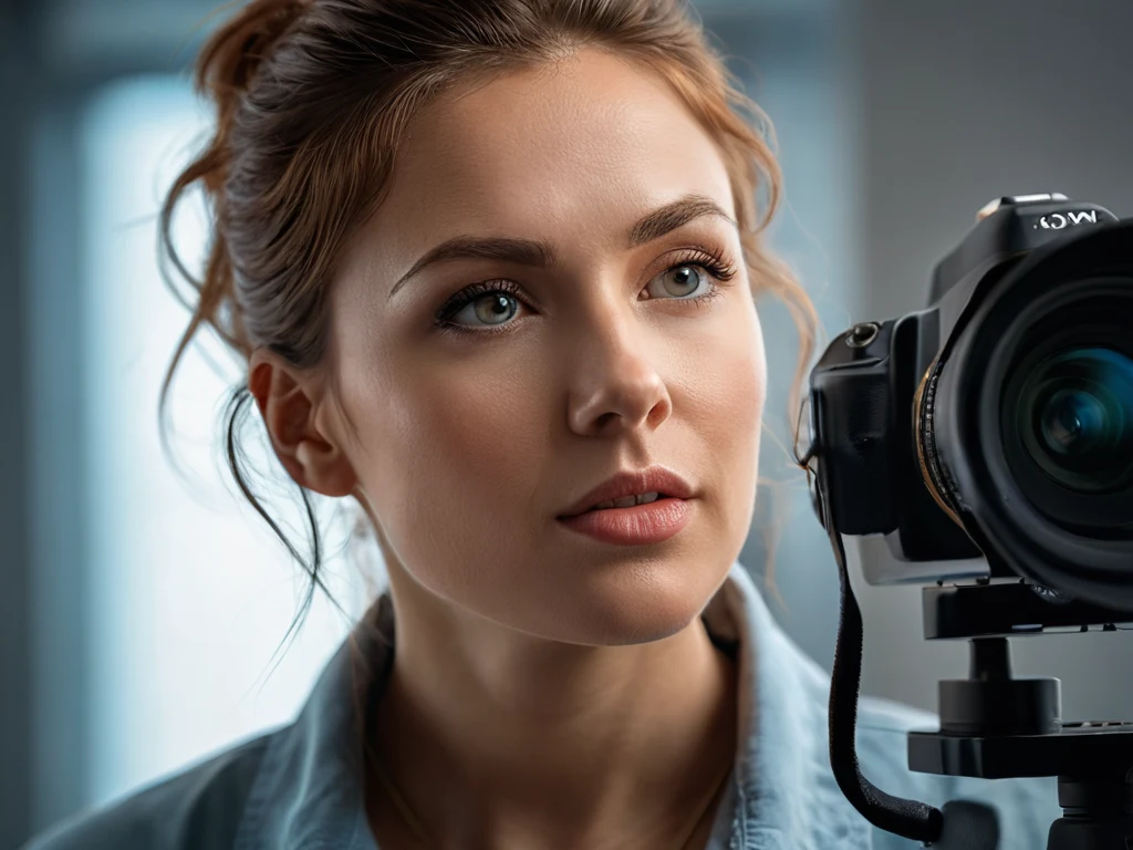 مصورة تنظر إلى الكاميرا، تحمل كاميرا احترافية مع مثبت على كتفها. تظهر الصورة الثقة والتركيز.