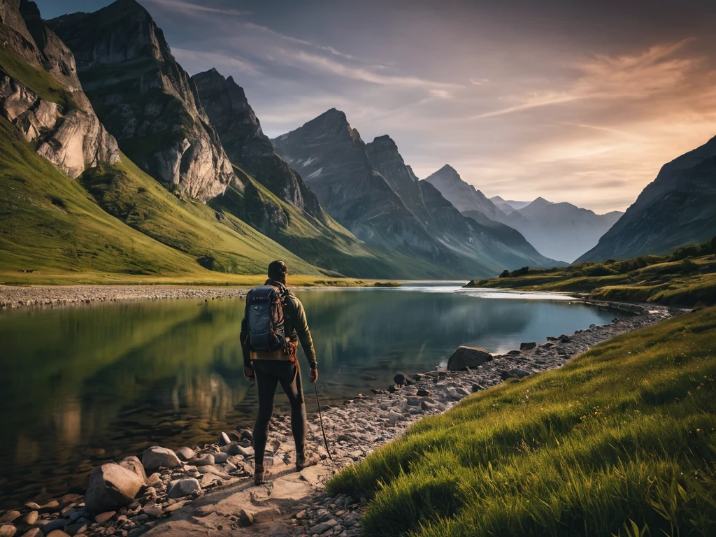 صورة لمسافر يقف عند بحيرة جبلية أمام جبال مهيبة. تصوير مناظر طبيعية بإضاءة درامية.
