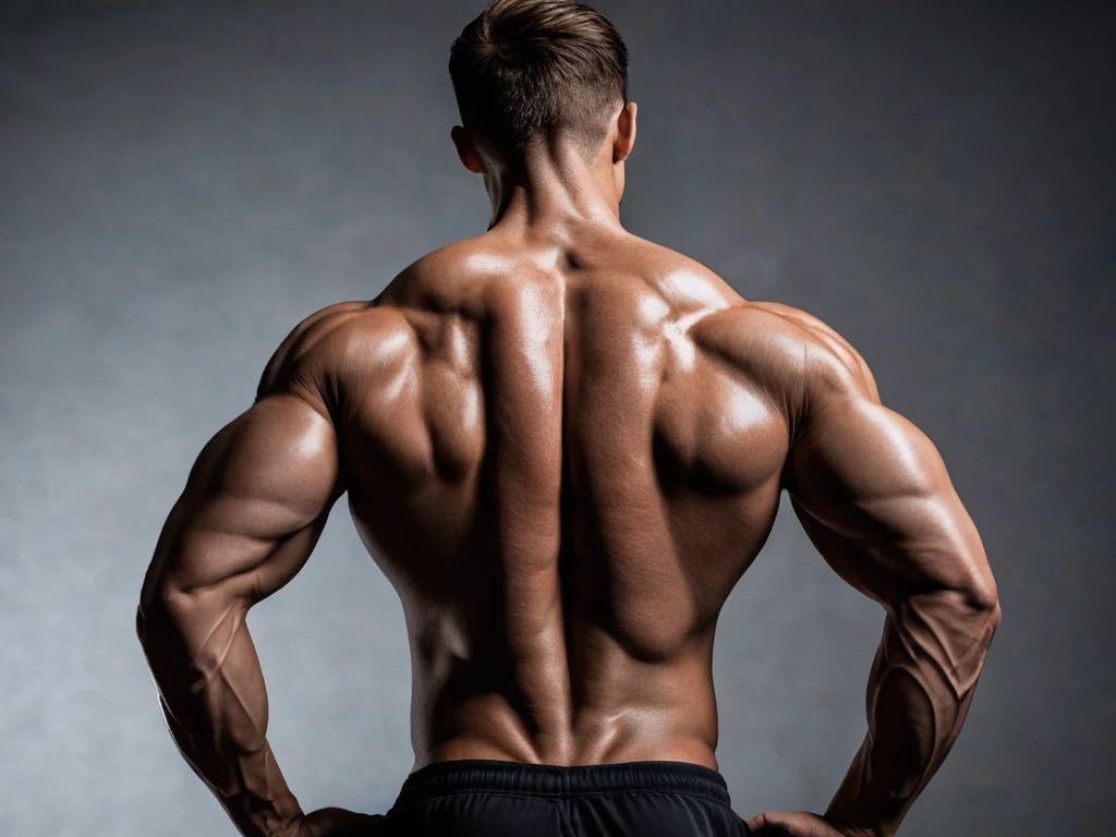 Крупный план мускулистой спины атлета, демонстрирующий силу и развитые мышцы, необходимые для поддержания правильной осанки и стабильности.