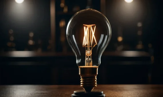 Фотография винтажной лампочки накаливания, горящей теплым светом на темном фоне, символизирующая креативность и новые идеи.