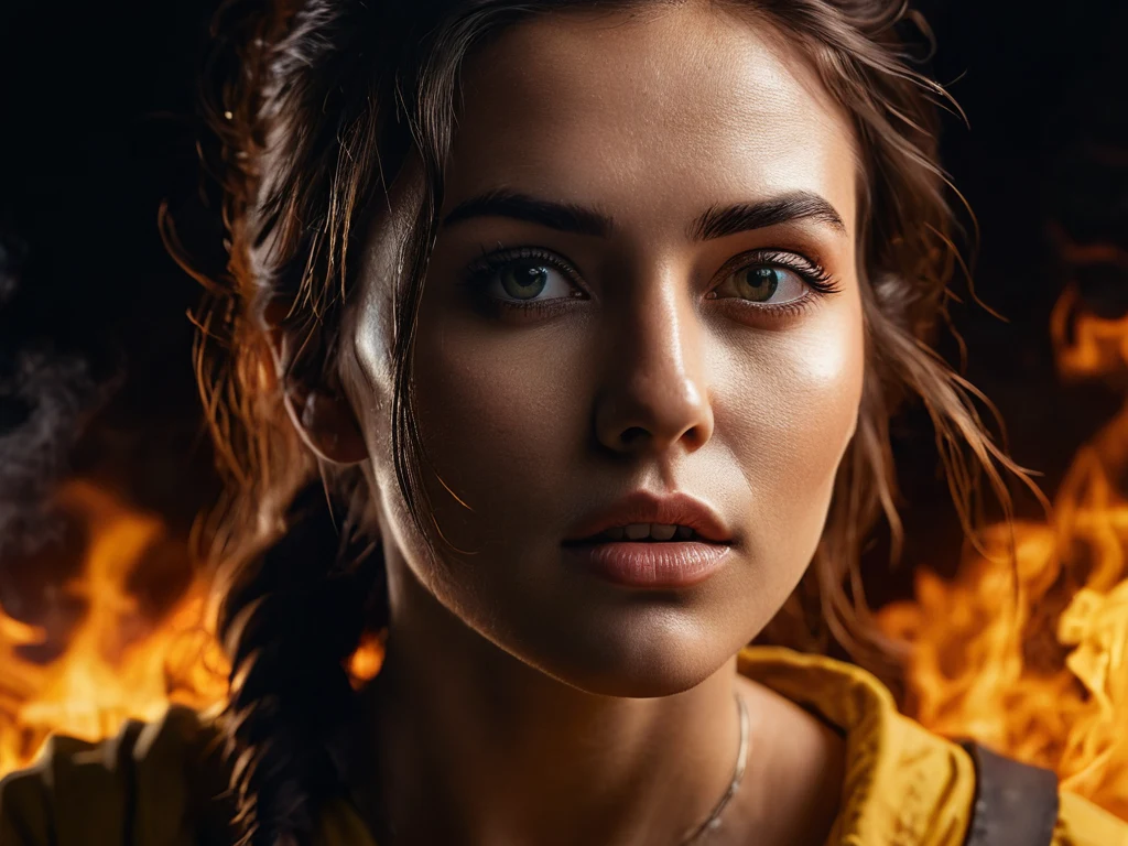 Крупный план портрета женщины с пронзительным взглядом на фоне огня, символизирующий смелость, страсть и творческую энергию.