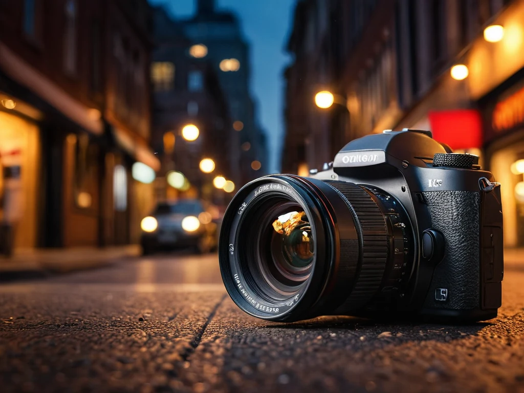 Фотография современной зеркальной камеры, стоящей на мокрой мостовой ночного города, с размытыми огнями фона, демонстрирующая страсть к фотографии.