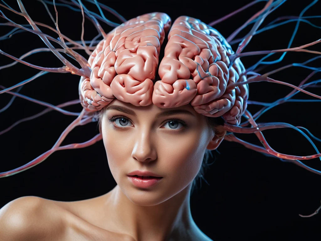Портрет девушки с изображением мозга, символизирующий связь между мышлением, творчеством и выходом за рамки привычного.