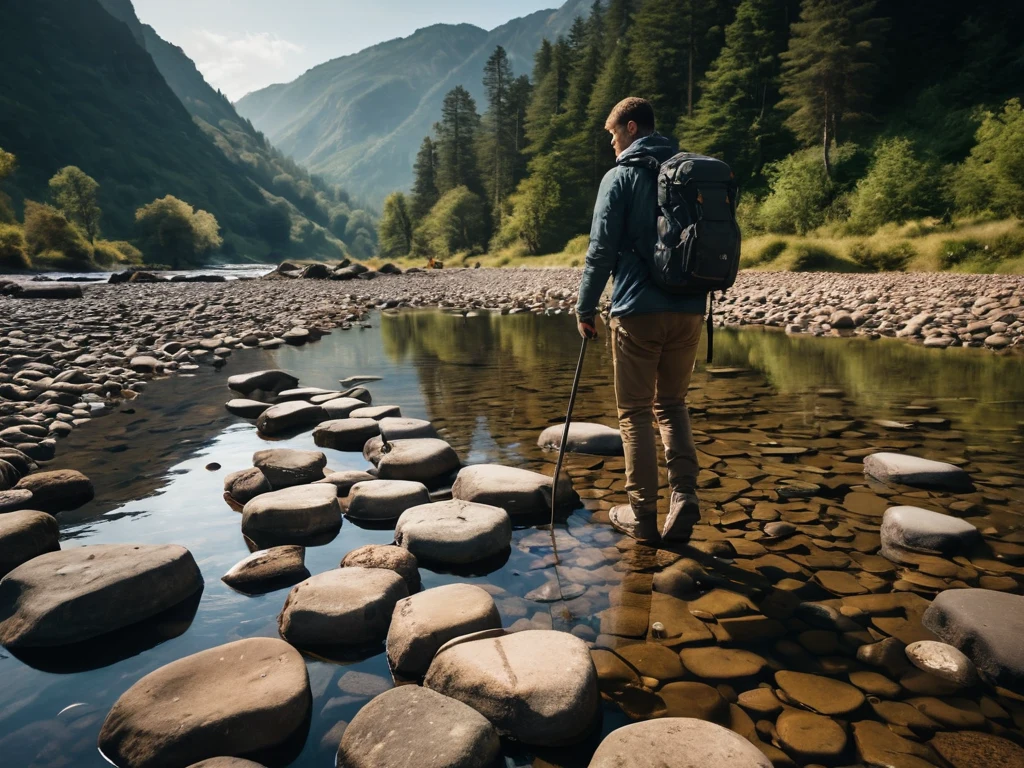 Мужчина переходит реку по камням, символизируя преодоление трудностей и выход из зоны комфорта для достижения целей.