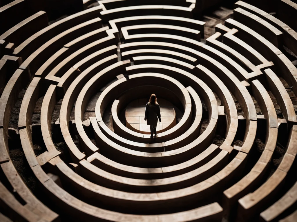 Фотография лабиринта с одинокой фигурой в центре, символизирующая сложность поиска своего пути и преодоление внутренних барьеров.