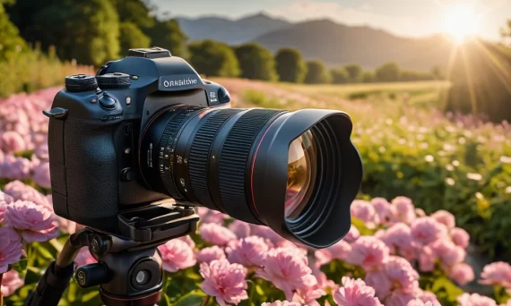 Фотоаппарат на штативе среди розовых цветов, символизирующий выход из зоны комфорта и стремление к новым фотографическим высотам.