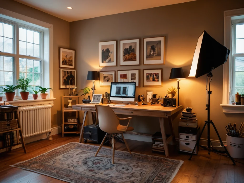 Уютная мастерская с рабочим столом, картинами и осветительным оборудованием. Фотография демонстрирует атмосферу творчества и вдохновения.