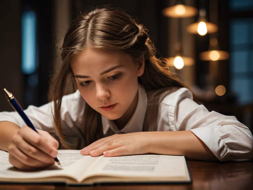 Молодая женщина сосредоточенно пишет в дневнике, погруженная в свои мысли и чувства, что подчеркивает важность самоанализа в фотографии.