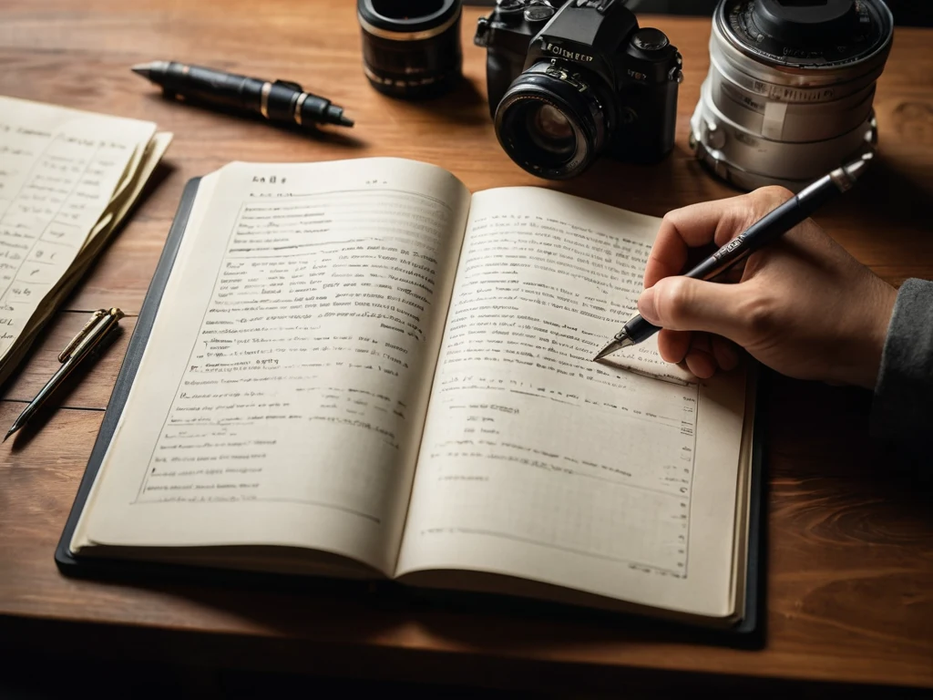 Рука пишет в дневнике, окруженная старинными фотоаппаратами и ручками, символизируя начало ведения дневника наблюдений и творческого процесса.