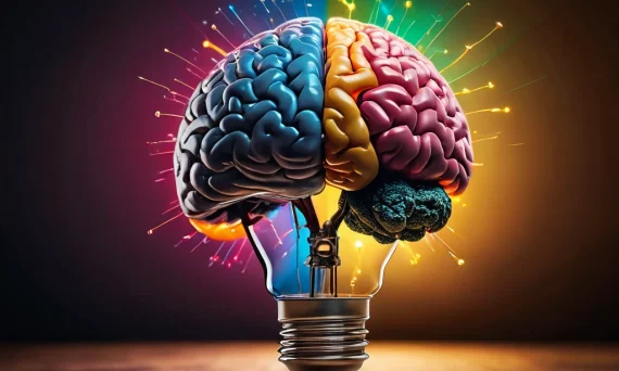 Концептуальное изображение, символизирующее креативность и генерацию идей, с мозгом внутри лампочки, излучающим яркий свет.