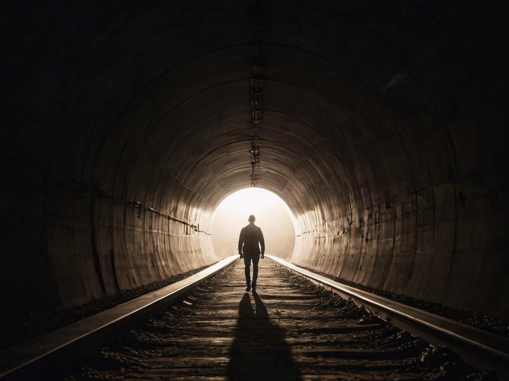Мужчина, идущий по темному туннелю к свету, символизирующий преодоление творческих блоков и поиск вдохновения.
