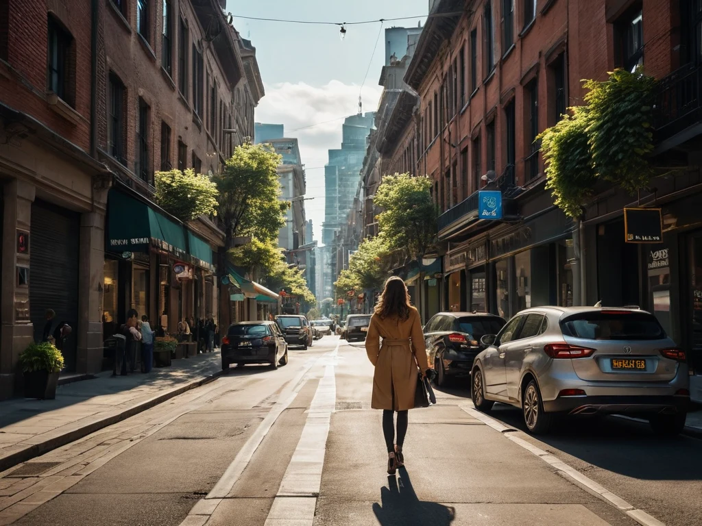 Женщина, идущая по городской улице, символизирующая поиск вдохновения и новых идей в окружающей среде.