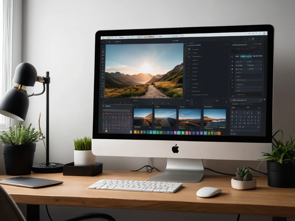 Фотография рабочего стола с компьютером, на экране которого открыт графический редактор. Символизирует процесс обработки фотографий и развития творческого мышления.