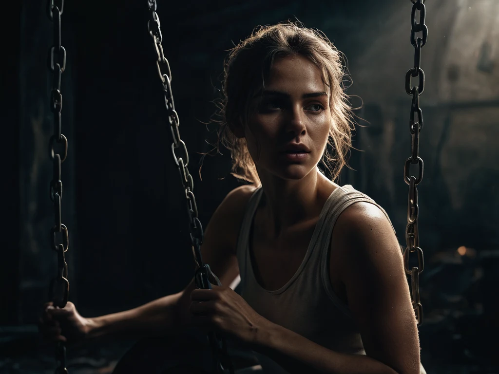 Портрет молодой женщины, сидящей на качелях в темном помещении. Выражает чувство одиночества, задумчивости и поиска вдохновения.