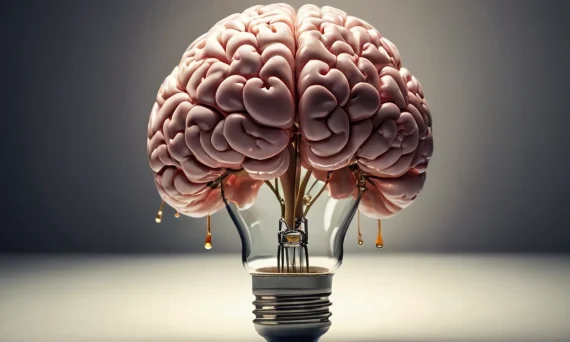 Концептуальное изображение, символизирующее творческое мышление и генерацию идей. Лампа накаливания, наполненная мозгом, на темном фоне.