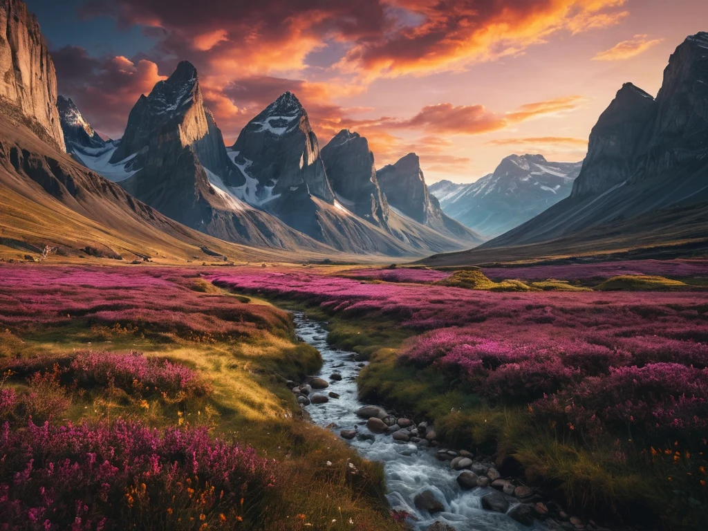 Захватывающий пейзаж горной долины с рекой, цветущими полями и драматичным небом. Символизирует безграничные возможности для творчества.